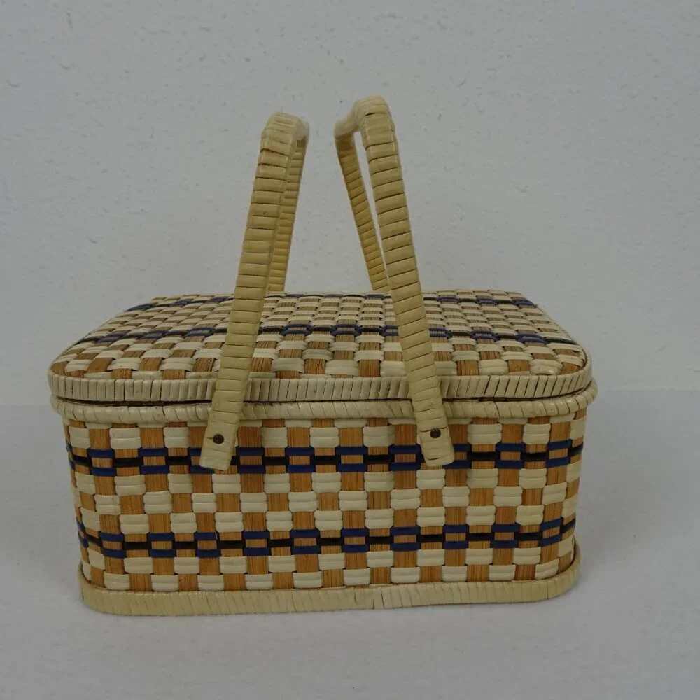 Vintage Wicker Woven Sewing Box Basket Beige Tan Ratan Lined